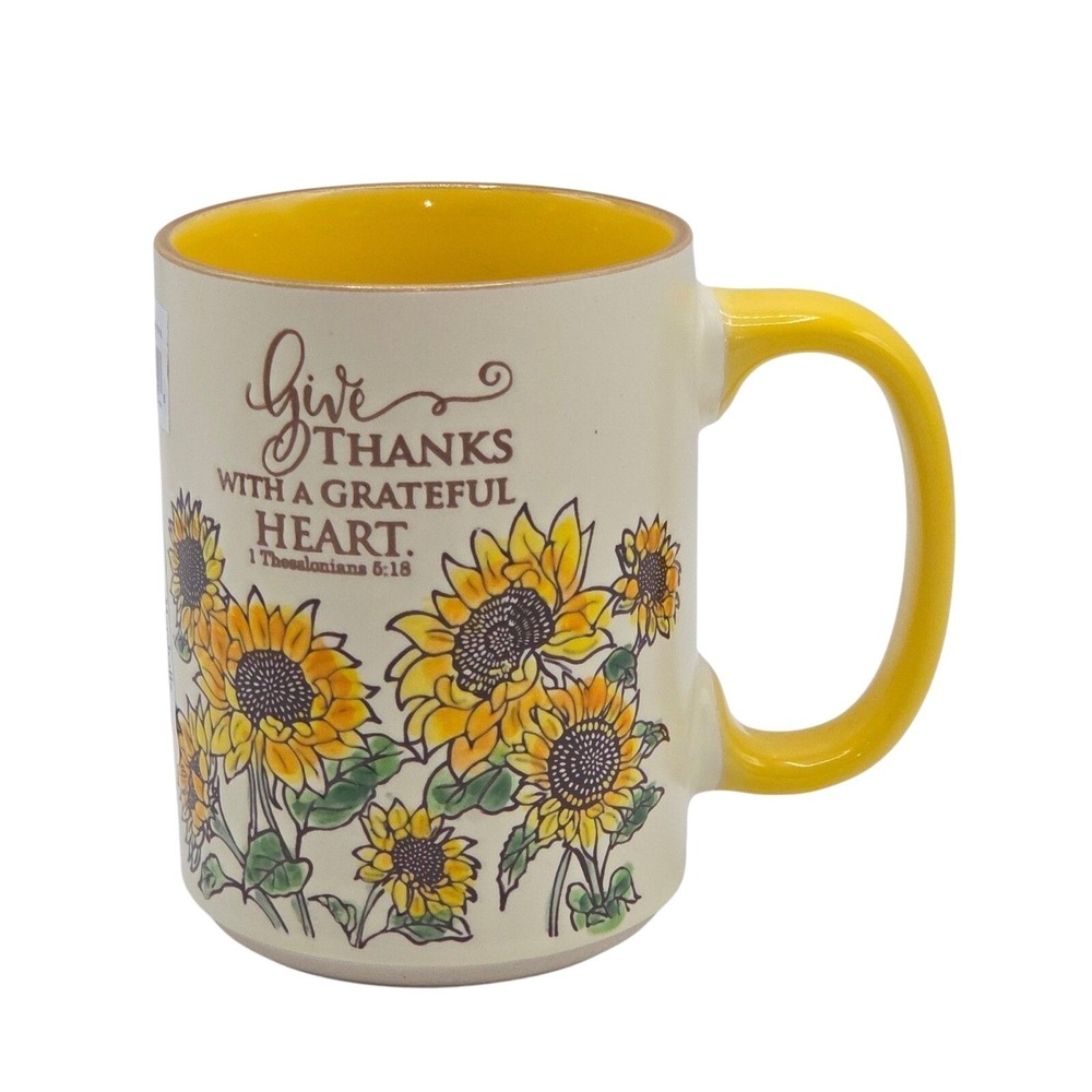 Spectrum Give Thanks Embossed Sunflower Coffee Mug 16oz Fall Thanksgiving Table